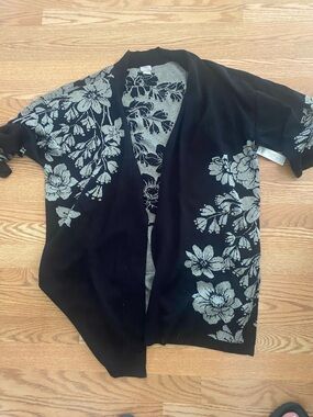 Chico's Black Cardigan with Silver Lurex Floral Detail